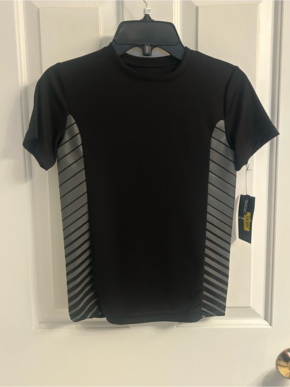 NWT-Boys Kinetic Black Short-Sleeve Athletic Tee with Gray Stripe Panels
